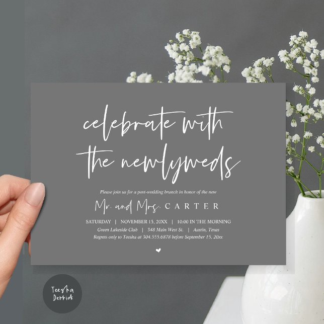 Convites Brunch com recém-casados, festa de casamento posta (Celebrate with the newlyweds, Wedding Brunch Invitation Card, PDF, in Dark Grey)