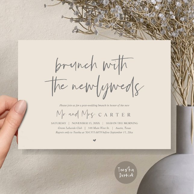 Convites Brunch com recém-casados, poste a Cinza de casamen (Brunch with the newlyweds, post wedding elopement invitation card, pdf, in cream and grey)