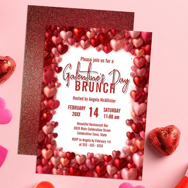 Convites Brunch da Galentine, de Corações Vermelhos e Rosa- (Criador carregado)