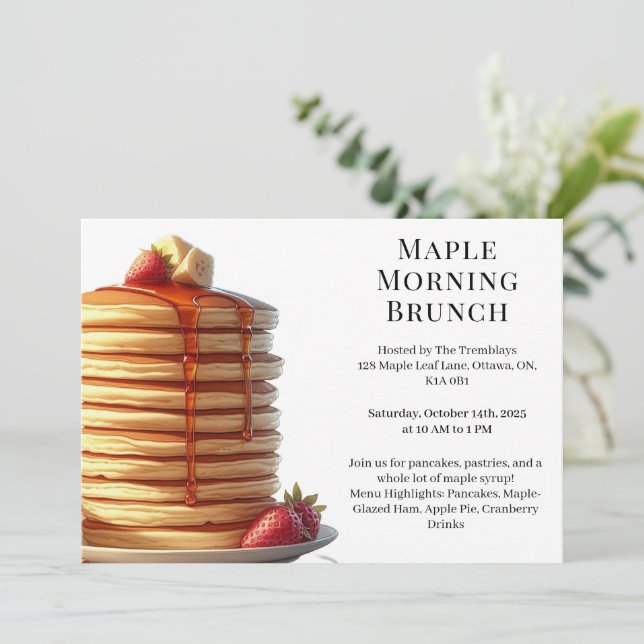 Convites Brunch da Manhã | Panquecas & Xarope de Bordo Outo (Em pé/Frente)