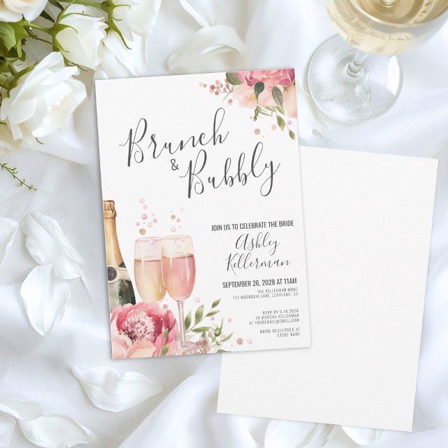 Convites Brunch de Aquarela e Espumante Floral Chá de Bebê  (Watercolor Brunch And Bubbly Floral Bridal Shower Invitation)
