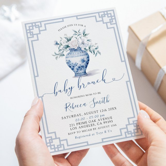 Convites Brunch de Bebê Jarro de Gengibre Floral Branco Chi (Criador carregado)