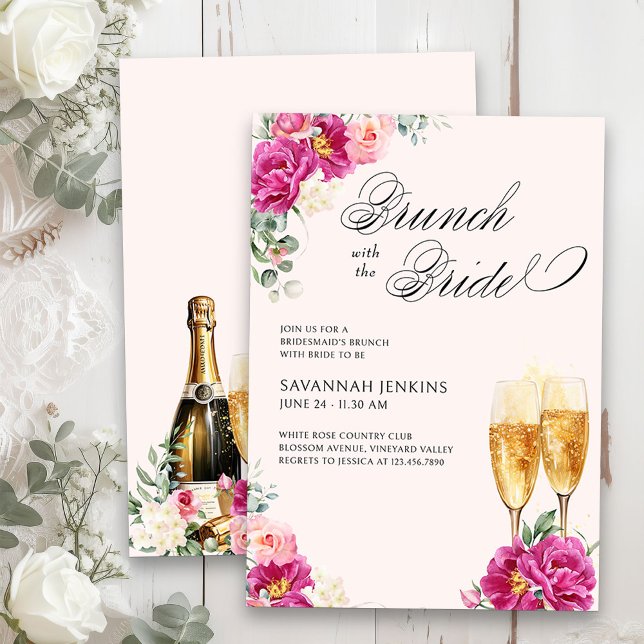 Convites Brunch de Bridesmaid com Champanhe Rosa-Bride (Brunch with the Bride floral champagne bridesmaid's brunch invitation on blush pink)