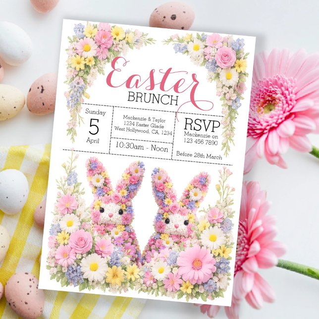 Convites Brunch de Caça aos Ovos de Páscoa do Coelho Bunny  (Sweet Flower Bunny Rabbit Easter Egg Hunt Brunch Invitation by Ricaso. Bruch with family and friends)