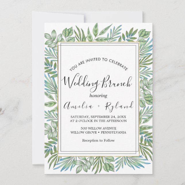 Convites Brunch de Casamento Arejado com Folhagens e Folhas (Frente)