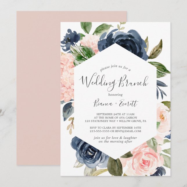 Convites Brunch de Casamento Branco com Flores e Marinhos (Frente/Verso)