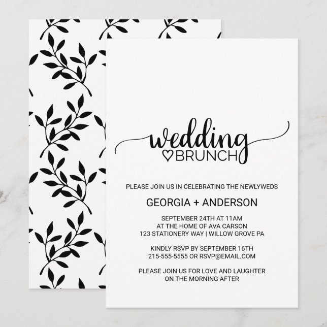 Convites Brunch de Casamento de Caligrafia Negra Simples (Frente/Verso)