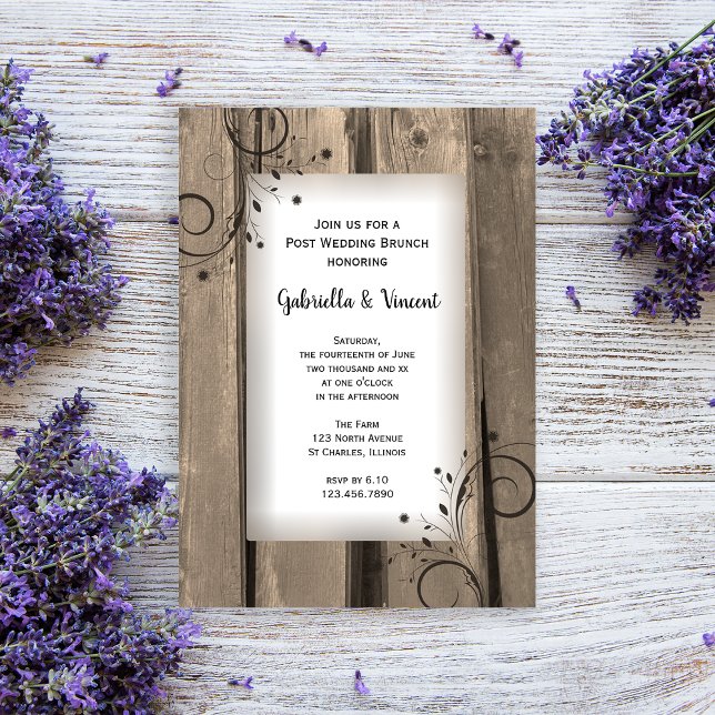 Convites Brunch de casamento rústico country em madeira de  (Invite guests to your day after celebration with this rustic post wedding brunch invitation.)