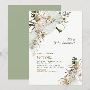 Convites Brunch de Chá de Bebê Botânico Boho Verde e Dourad