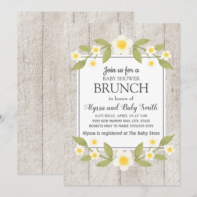 Convites Brunch de Chá de Bebê Floral Branco de Madeira Rús (Frente/Verso)