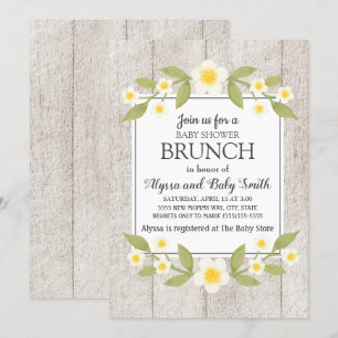 Convites Brunch de Chá de Bebê Floral Branco de Madeira Rús
