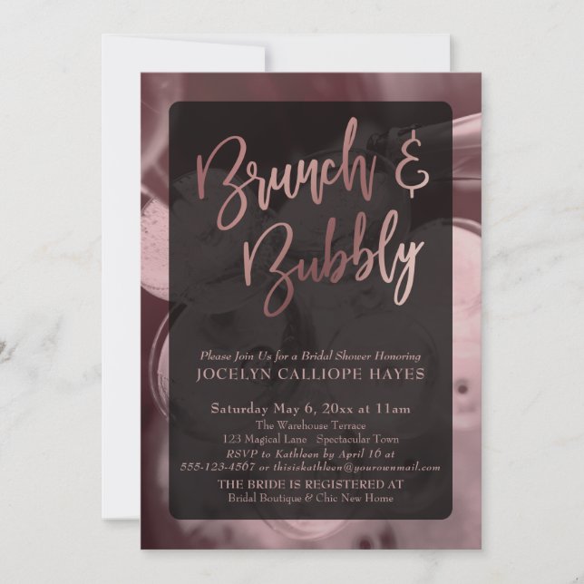 Convites Brunch de Champanhe em Rose Gold & Caligrafia de B (Frente)