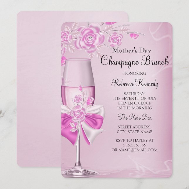 Convites Brunch de Champanhe Rosa Bonito do Dia das Mães (Frente/Verso)