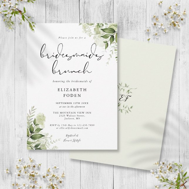 Convites Brunch de Damas de Honra com Monograma e Vegetação (Rustic Greenery Monogram Bridesmaids Brunch Invitation)