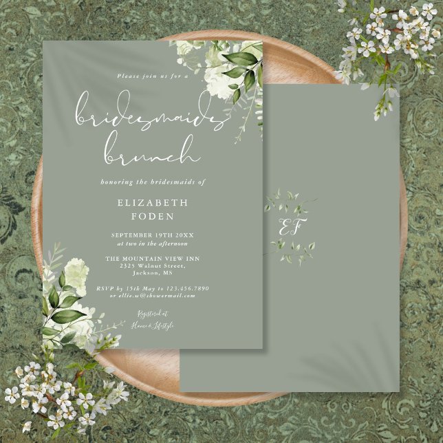 Convites Brunch de Damas de Honra Verde Floral Verde Sage (Greenery Floral Sage Green Bridesmaids Brunch Invitation)