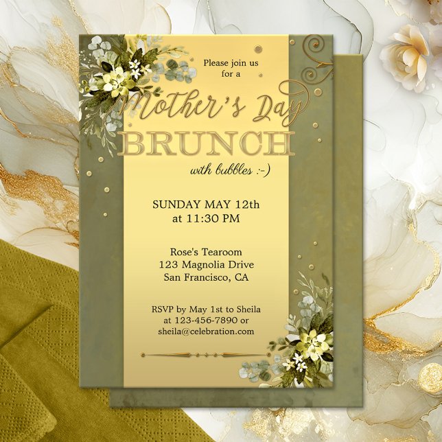 Convites Brunch de Dia de as mães Dourado de Aquarela Verde (Elegant Mother's Day Brunch invitation featuring a gold stylized design with watercolor leaves)