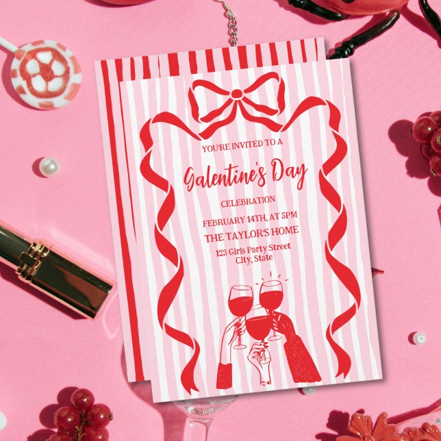 Convites Brunch de festa de Galentine's Day com coquetel ún (red and pink doodle galentine's cocktail party invitation)