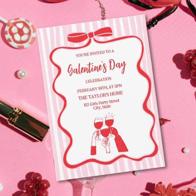 Convites Brunch de festa de Galentine's Day com coquetel ún (pink and red bow and red doodle champagne galentine's  party invitation)