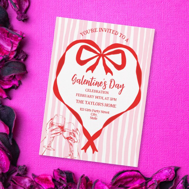 Convites Brunch de festa de Galentine's Day com coquetel ún (red and pink Galentine's party invitation with a heart shaped bow)