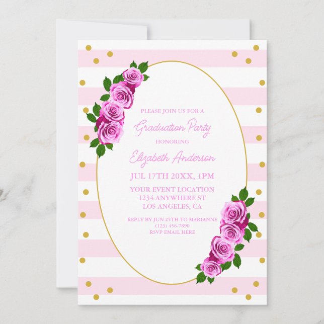 Convites Brunch de Formatura com Rosas Rosas Listradas (Frente)