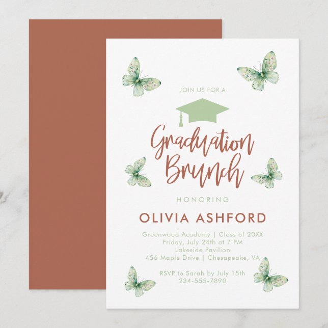 Convites Brunch de formatura floral verde trendy (Frente/Verso)