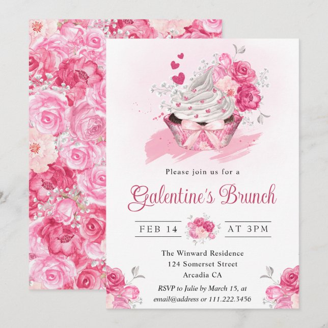 Convites Brunch de Galentine com Bolo e Flores em Aquarela (Frente/Verso)