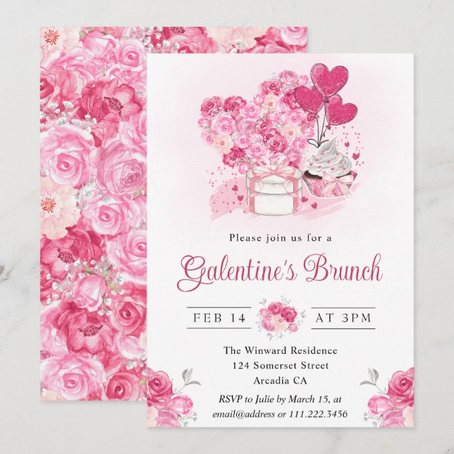 Convites Brunch de Galentine's com Bolo de Aquarela e Prese (Frente/Verso)