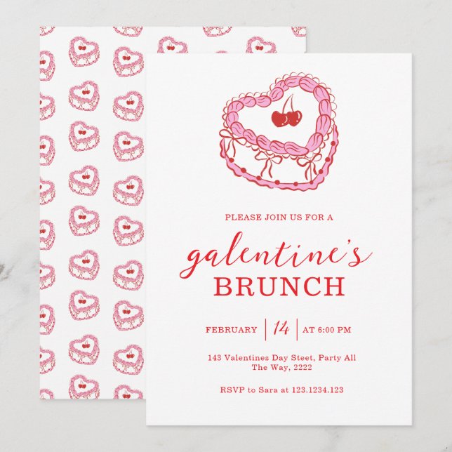Convites Brunch de Galentine's Day com Bolo Branco (Frente/Verso)
