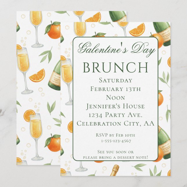 Convites Brunch de Galentines Day Mimosas Elegantes (Frente/Verso)