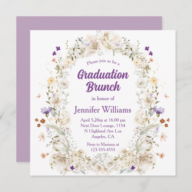 Convites brunch de graduação em roxo de jardim floral de aq (Frente/Verso)