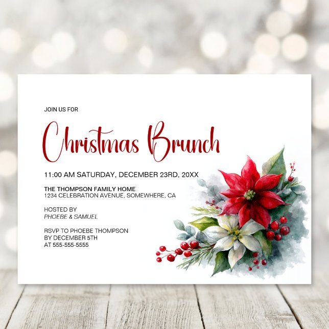 Convites Brunch de Natal com Poinsettia em Aquarela (Criador carregado)