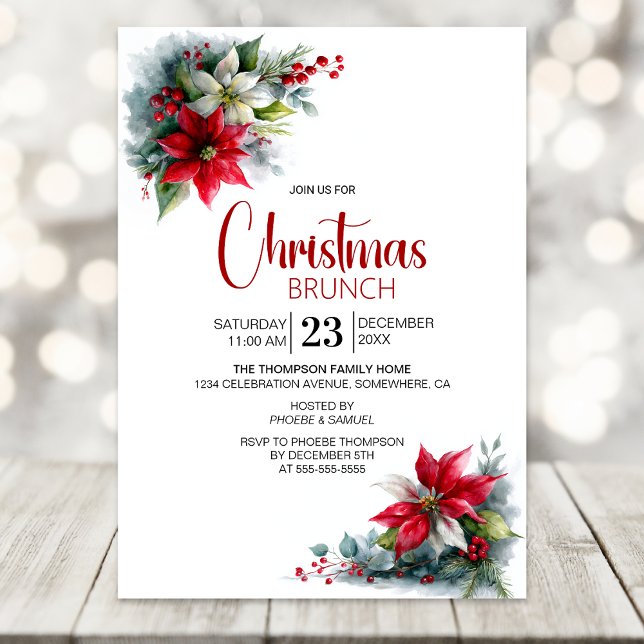 Convites Brunch de Natal com Poinsettia em Aquarela (Criador carregado)