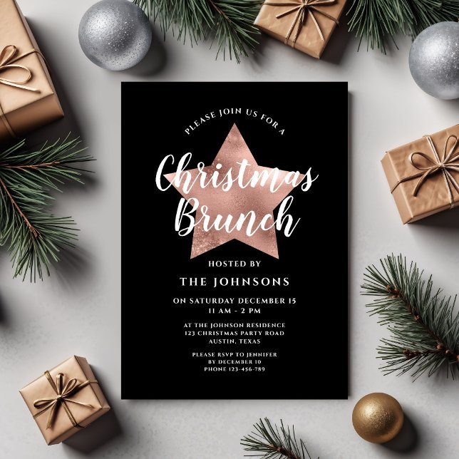Convites Brunch de Natal da Estrela Dourada Rosa Negra (Black Rose Gold Star Christmas Brunch Invitation)