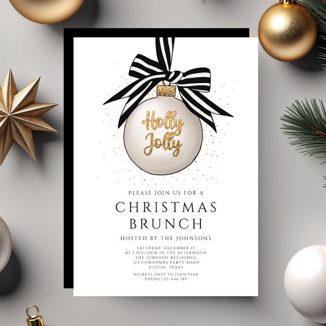 Convites Brunch de Natal Festivo Preto e Branco Dourado (Festive Black And White Gold Christmas Brunch Invitation)