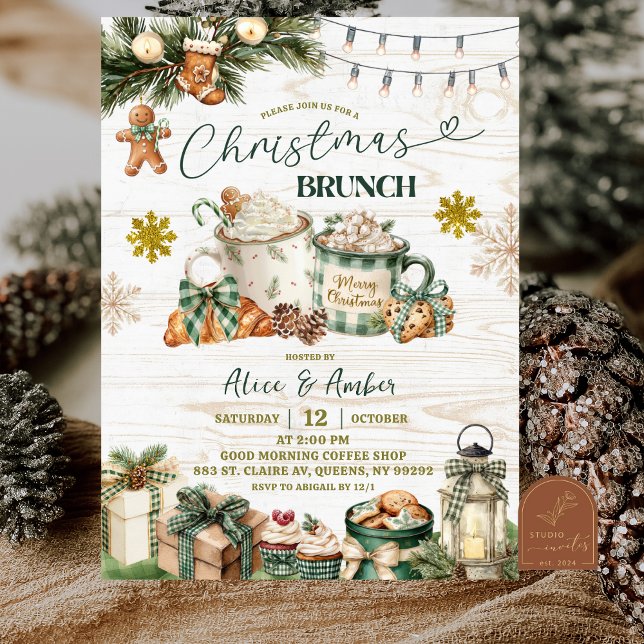 Convites Brunch de Natal Rústico em Xadrez Verde Salvia (Criador carregado)