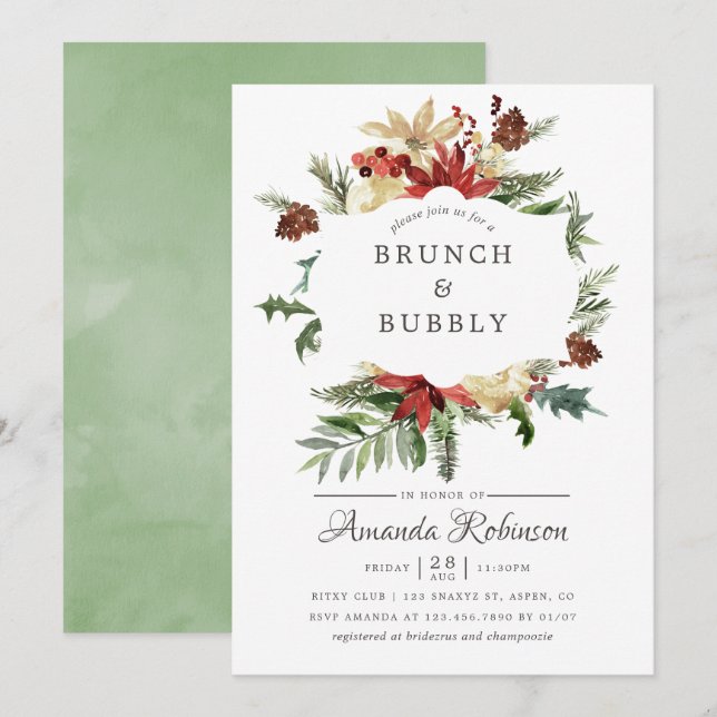 Convites Brunch de Natal Wintertide Woodland e Espumante (Frente/Verso)