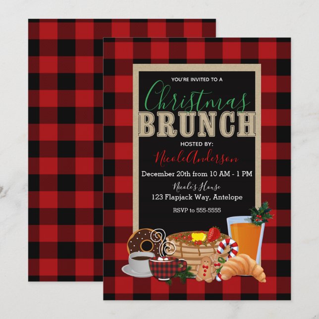 Convites Brunch de Natal Xadrez Preto Vermelho Rústico Búfa (Frente/Verso)