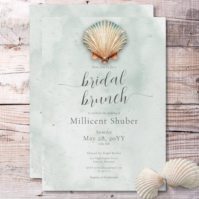 Convites Brunch de Noiva Aqua de Conchas Marinhas Modernas  (Modern Coastal Seashell Aqua Bridal Brunch Invitation)