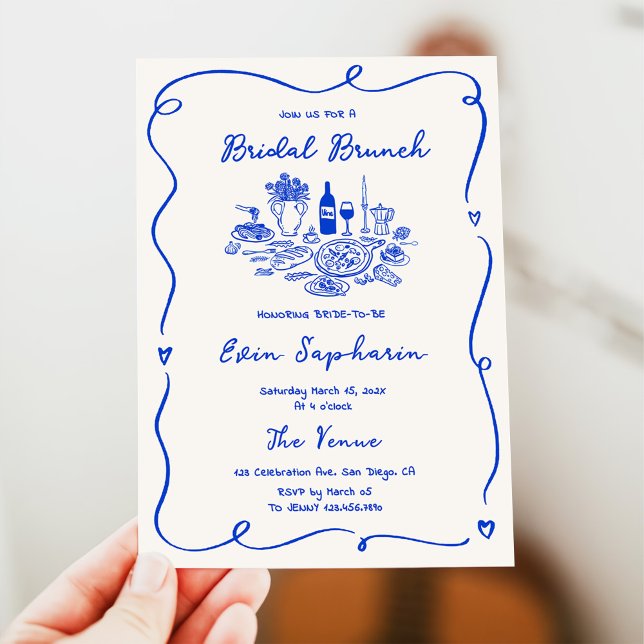 Convites Brunch de Noiva Azul Cobalto Desenhado à Mão (Criador carregado)