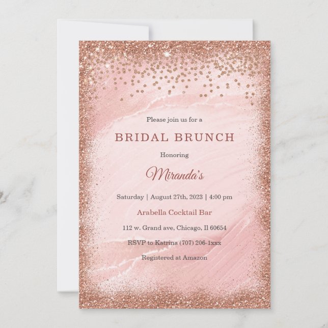 Convites Brunch de Noiva com Brilho em Dourado Rosa Persona (Frente)