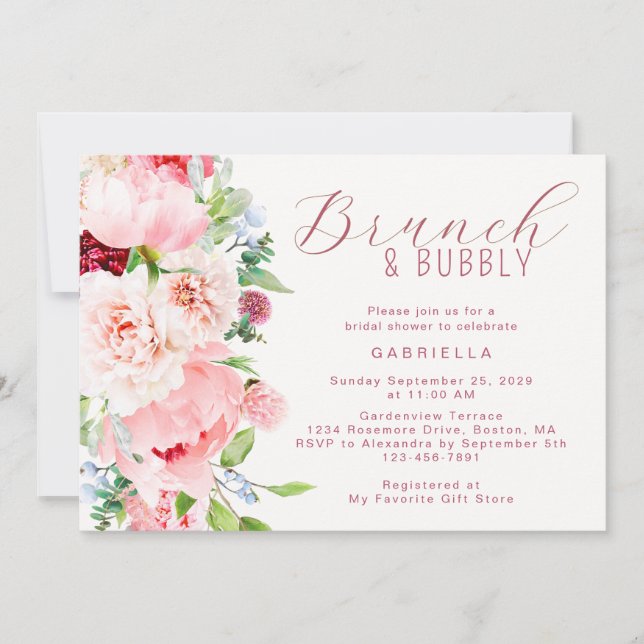 Convites Brunch de Noiva com Flores em Aquarela Rosa (Frente)