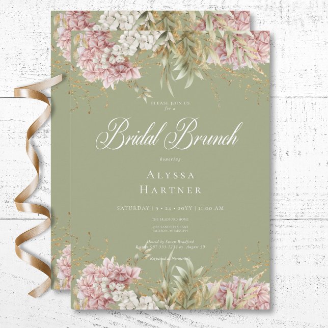Convites Brunch de Noiva com Hortênsias Rosa e Branco Rústi (Rustic White & Pink Hydrangea Green Bridal Brunch Invitation)