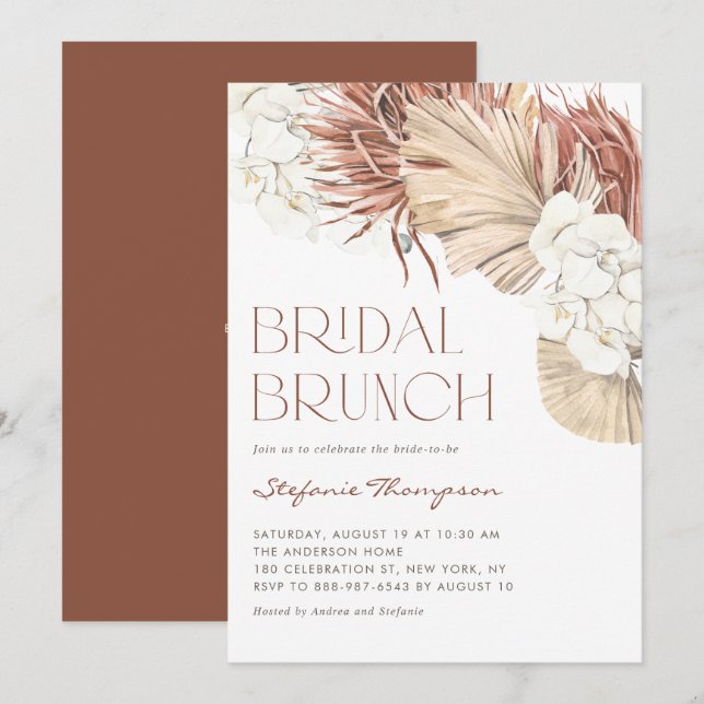 Convites Brunch de Noiva com Orquídeas Boho e Folhas de Pal (Frente/Verso)