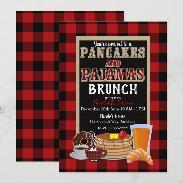 Convites Brunch de Panquecas e Pijamas Plaid Buffalo Vermel (Frente/Verso)