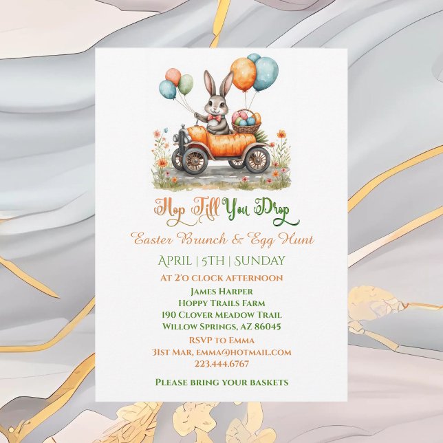 Convites Brunch de Páscoa & Caça aos Ovos | Coelho da Prima (Easter Brunch & Egg Hunt | Spring Bunny Carrot Car Invitation)