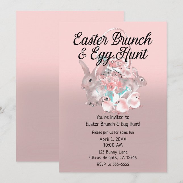 Convites Brunch de Páscoa Cor-de-Rosa & Caça aos Ovos Festa (Frente/Verso)