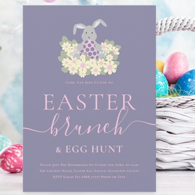 Convites Brunch de Páscoa e Caça aos Ovos (Cute easter bunny egg hunt and brunch spring party purple pink invitation )