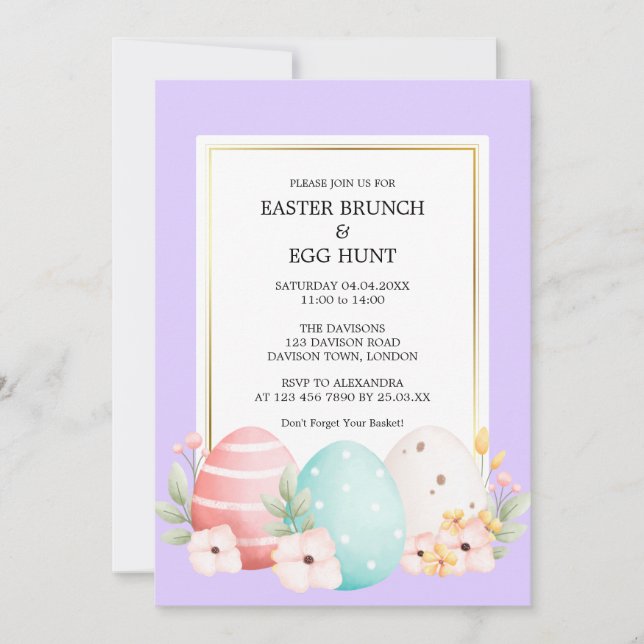 Convites Brunch de Páscoa em Aquarela & Caça aos Ovos (Frente)