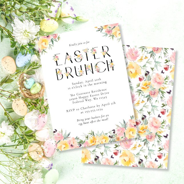 Convites Brunch de Páscoa Floral em Aquarela Elegante (Elegant Watercolor Floral Easter Brunch Invitation)