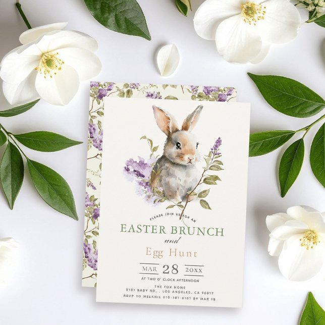 Convites Brunch de Páscoa Floral Lilás Roxo Bunny (Criador carregado)
